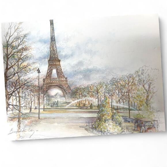 Artisit Other - Paris street scene with Eiffel Tower  Signed Lithograph pRINT  France Poster Art